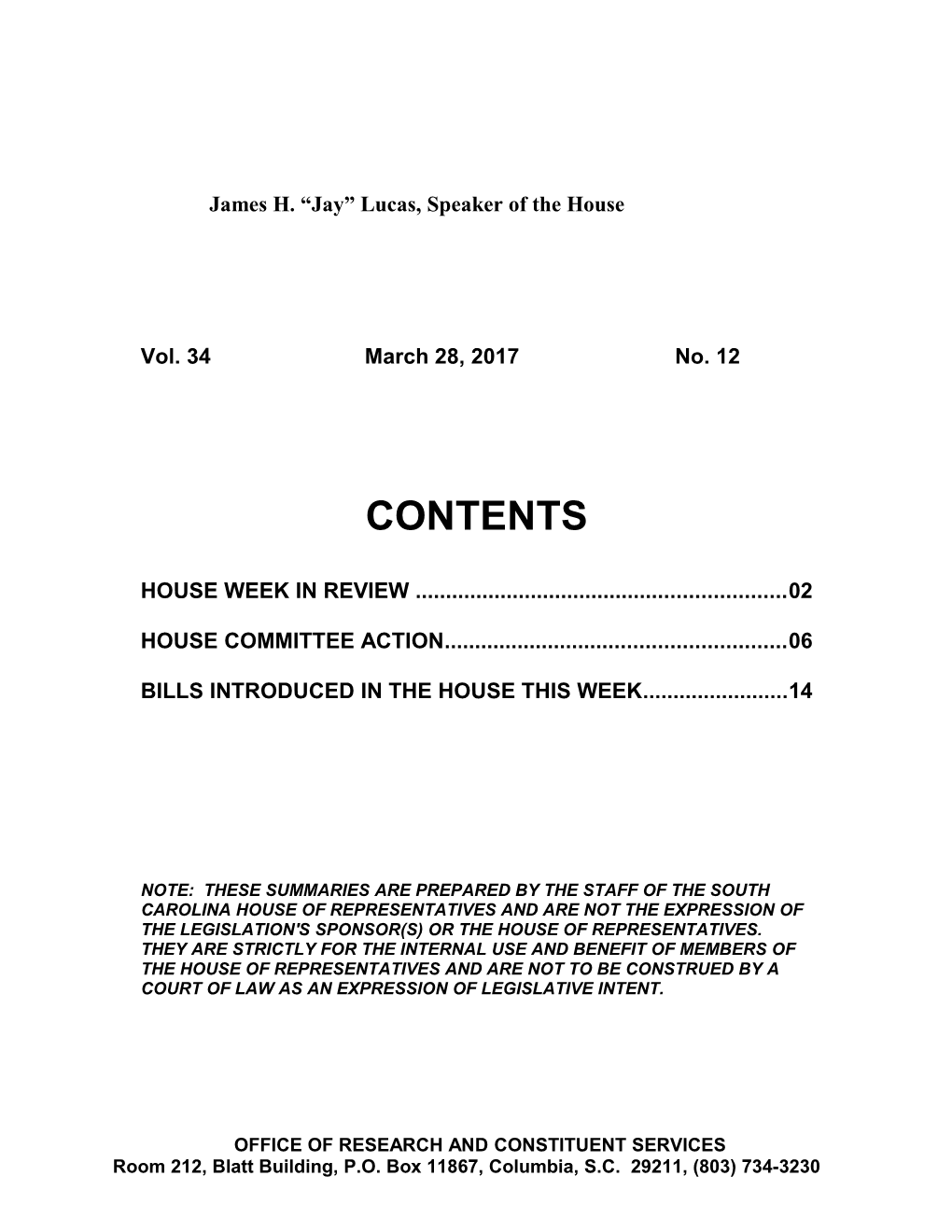 Legislative Update - Vol. 34 No. 12 March 28, 2017 - South Carolina Legislature Online