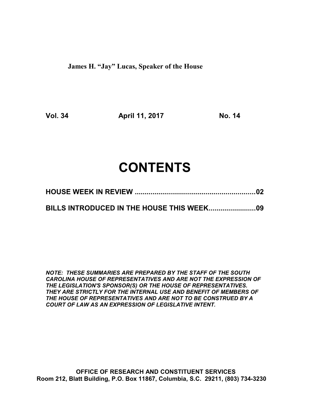 Legislative Update - Vol. 34 No. 14 April 11, 2017 - South Carolina Legislature Online