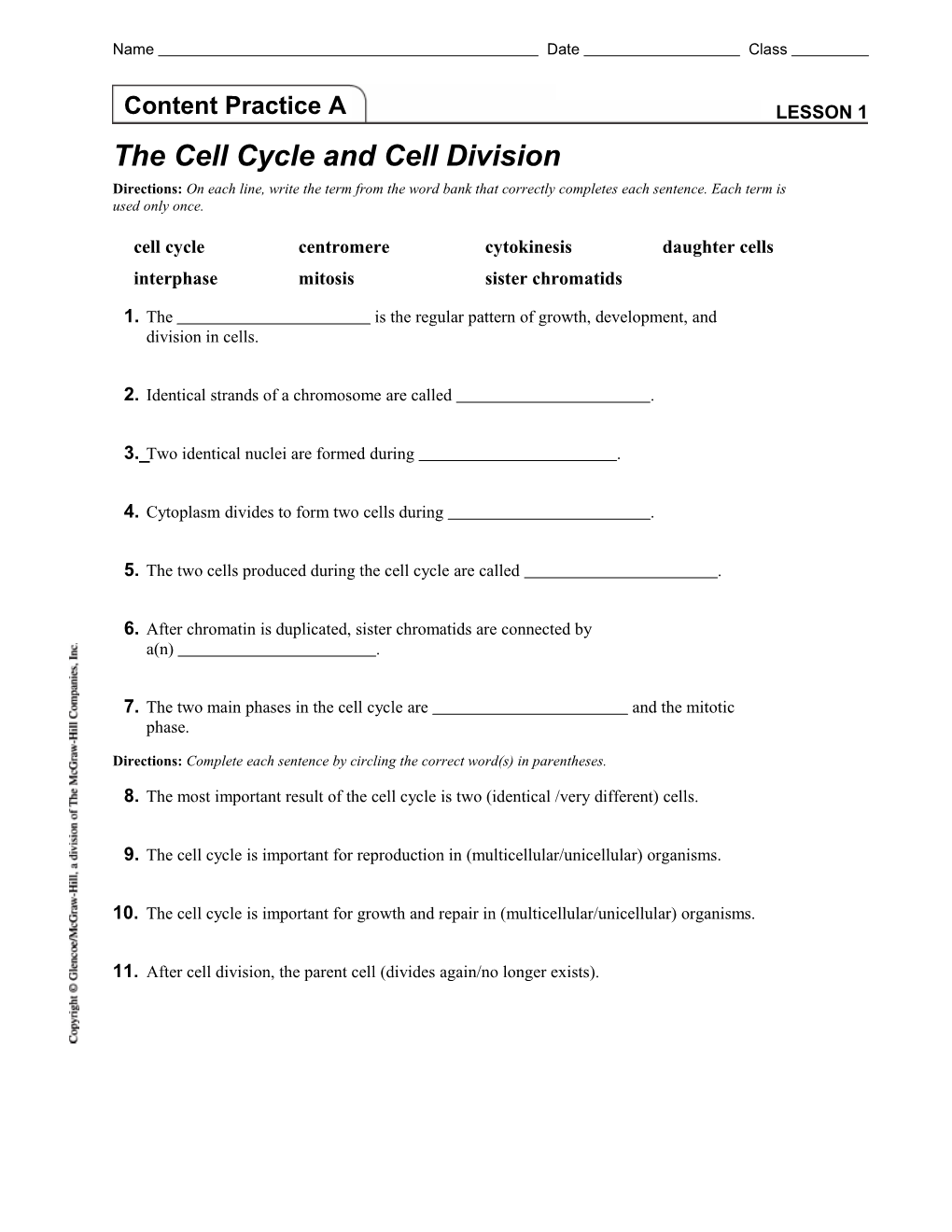 Lesson 1 the Cell Cycle and Cell Division