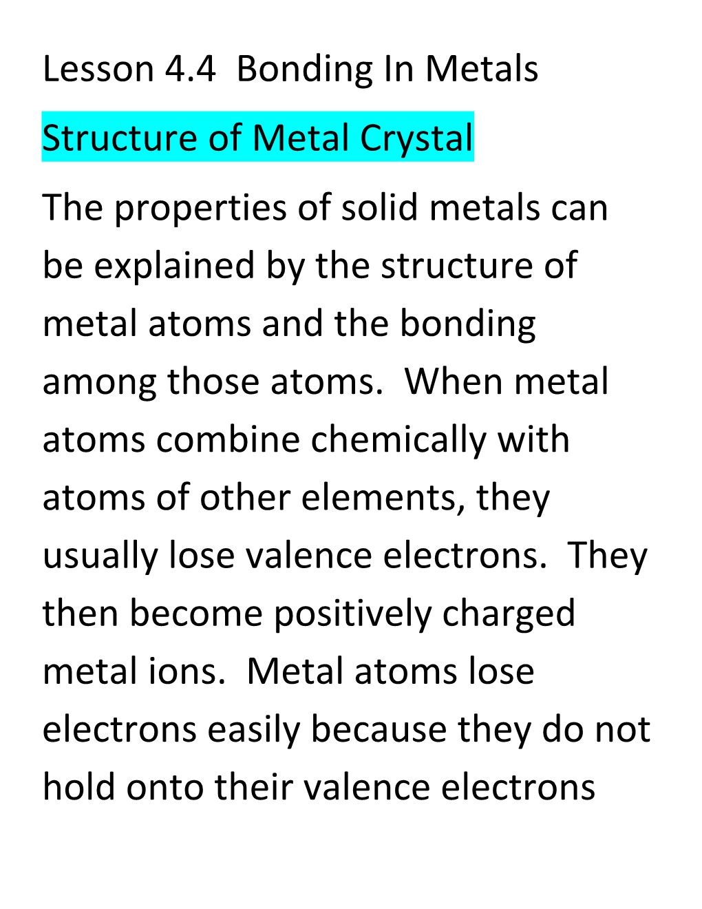 Lesson 4.4 Bonding in Metals