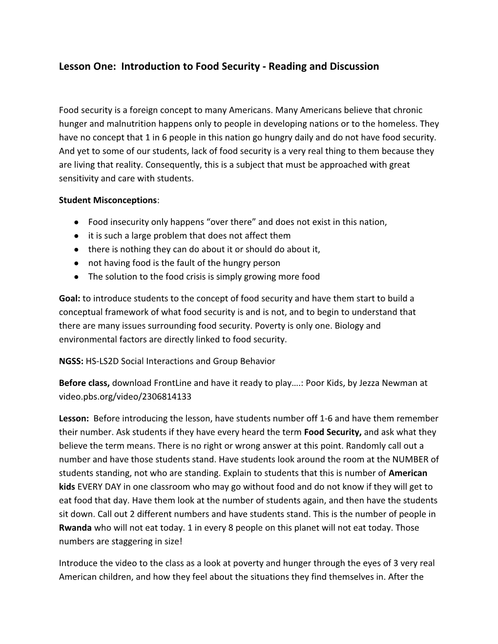 Lesson One: Introduction to Food Security - Reading and Discussion