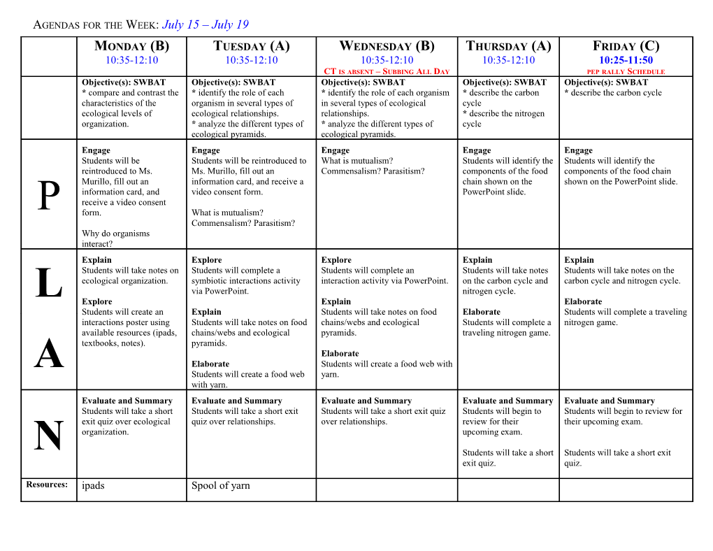 Lesson Plan Summary (Please Use Brief Statements for Each Item)