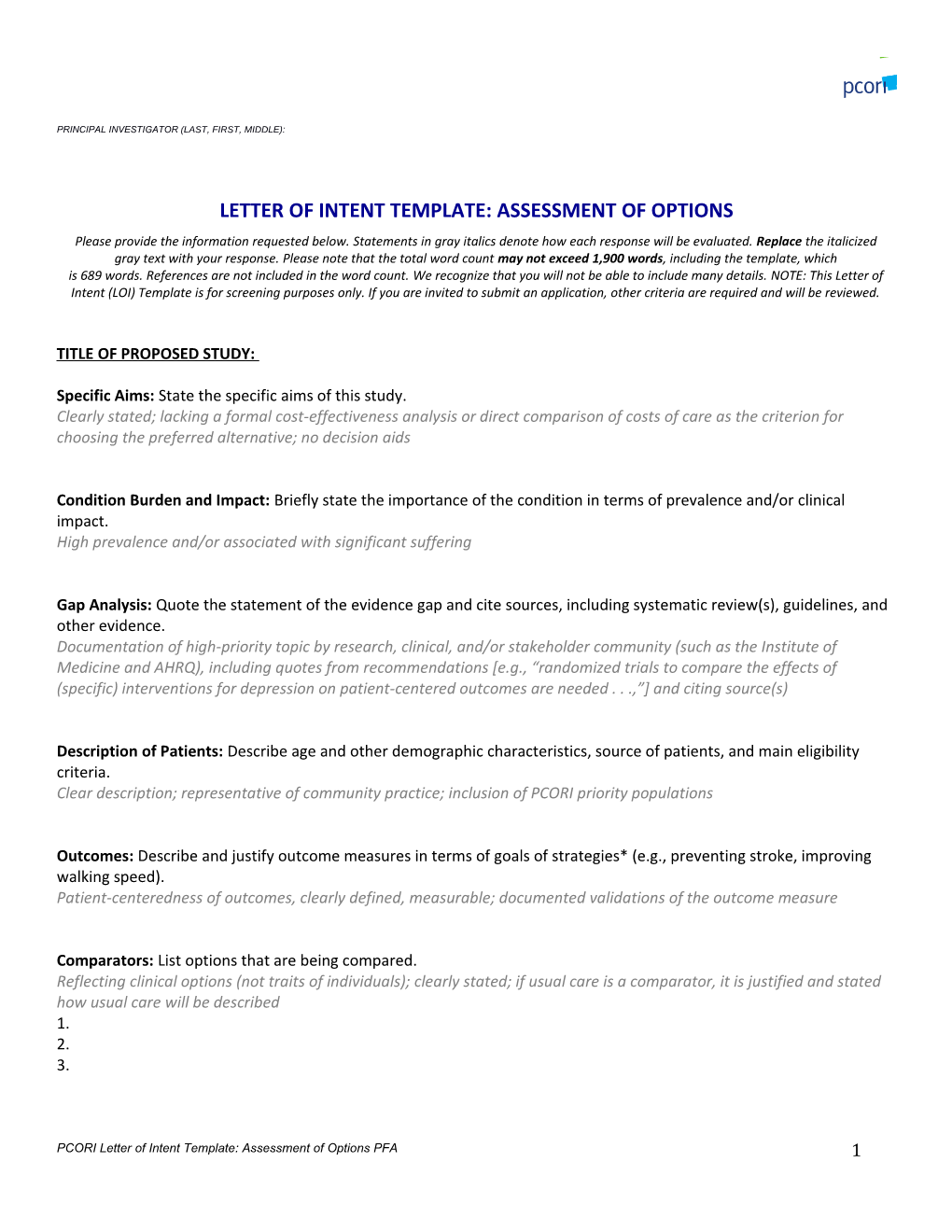 Letter of Intent Template: Assessment of Options