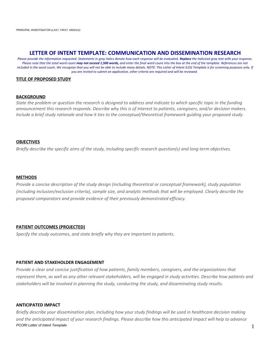 Letter of Intent Template: Communicationanddissemination Research