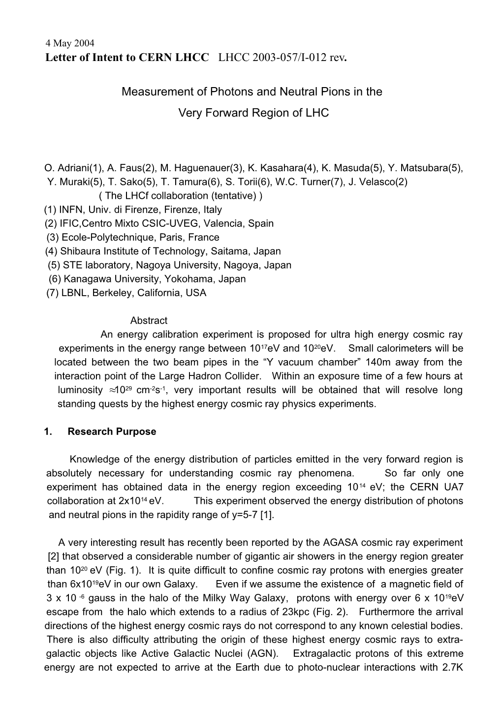 Letter of Intent to CERN LHCC LHCC 2003-057/I-012Rev