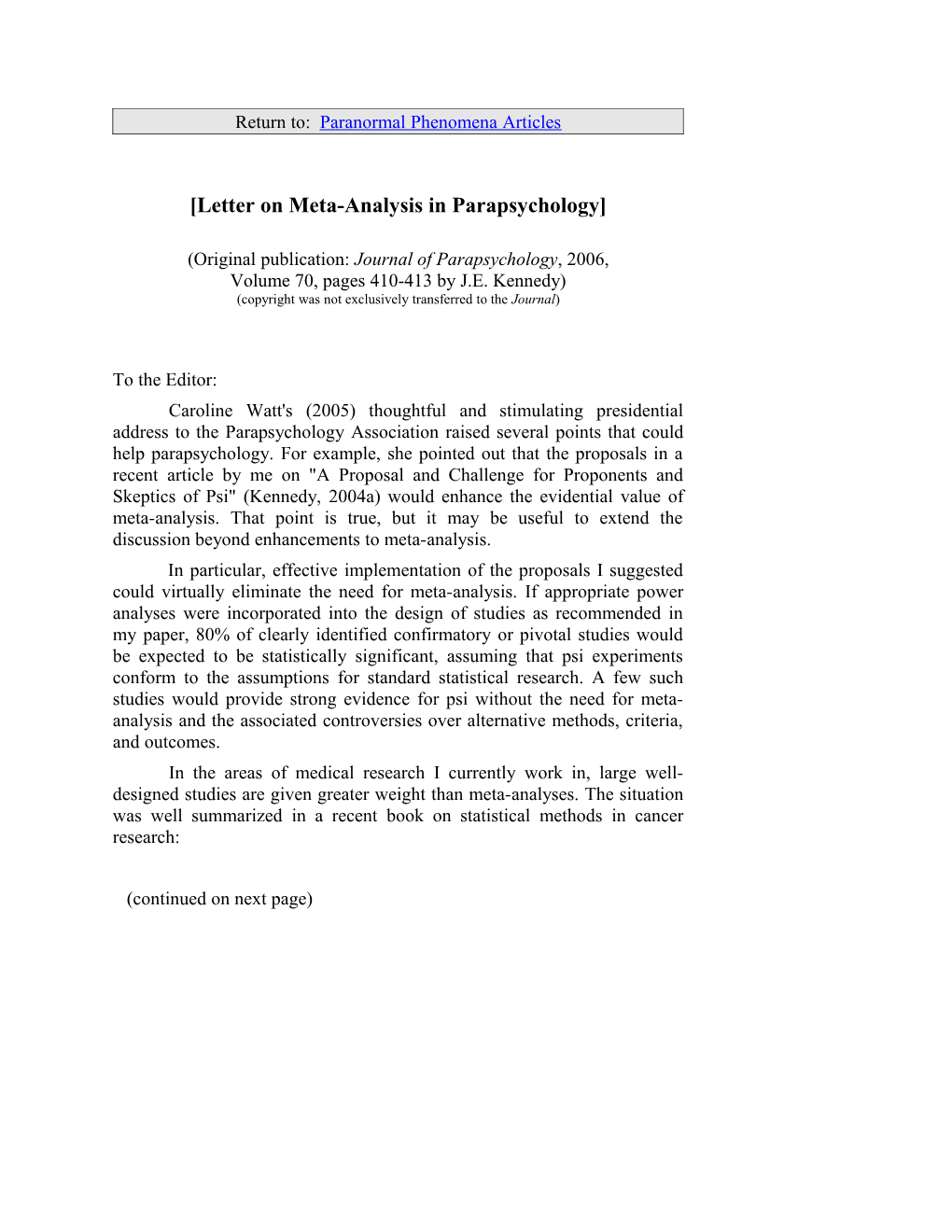 Letter on Meta-Analysis in Parapsychology