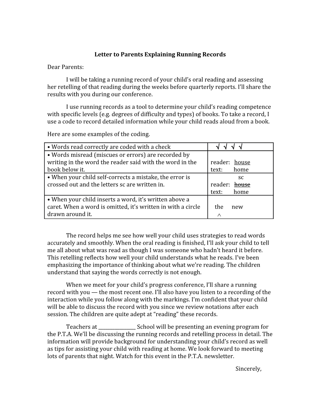Letter to Parents Explaining Running Records