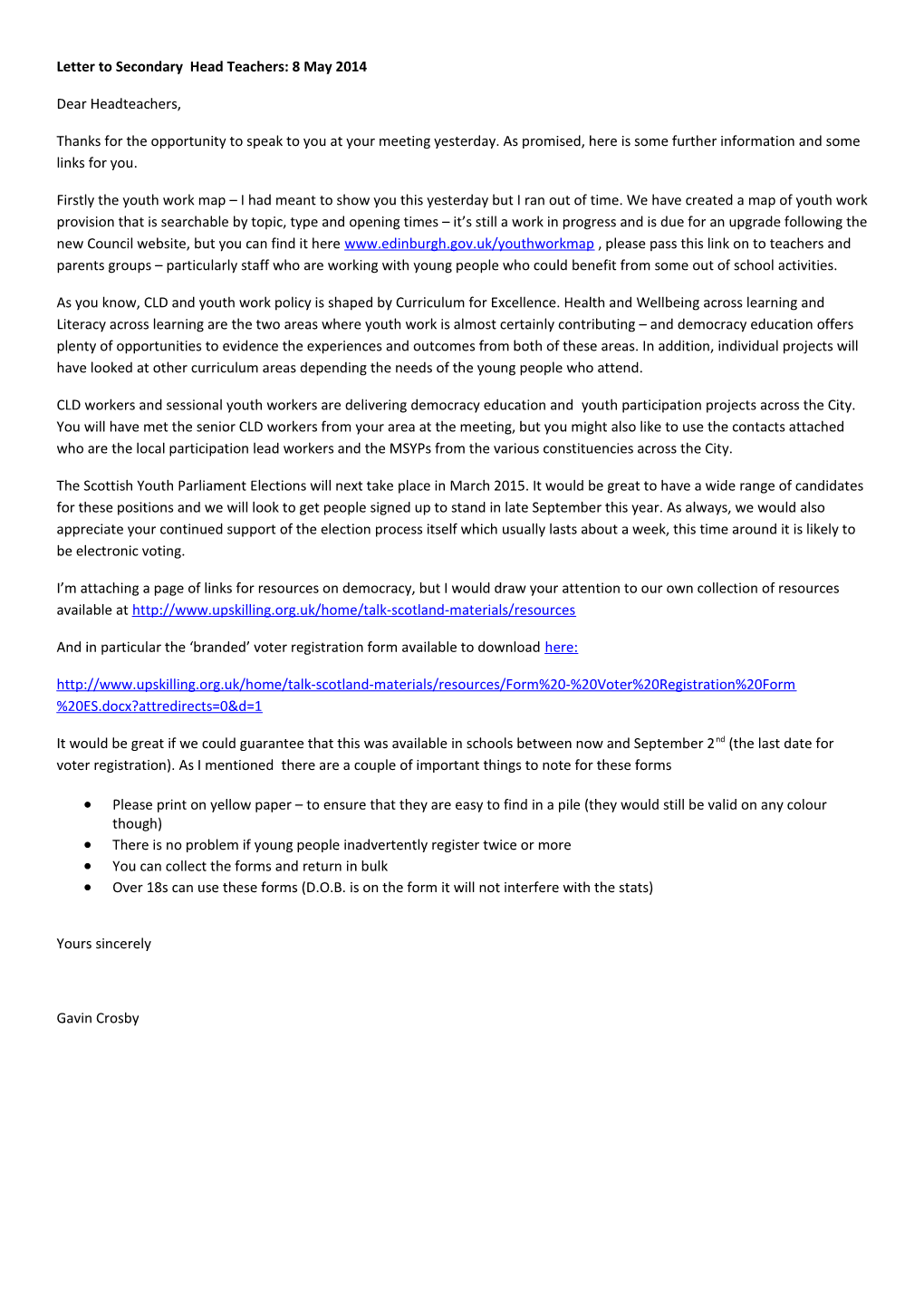 Letter to Secondary Head Teachers: 8 May 2014