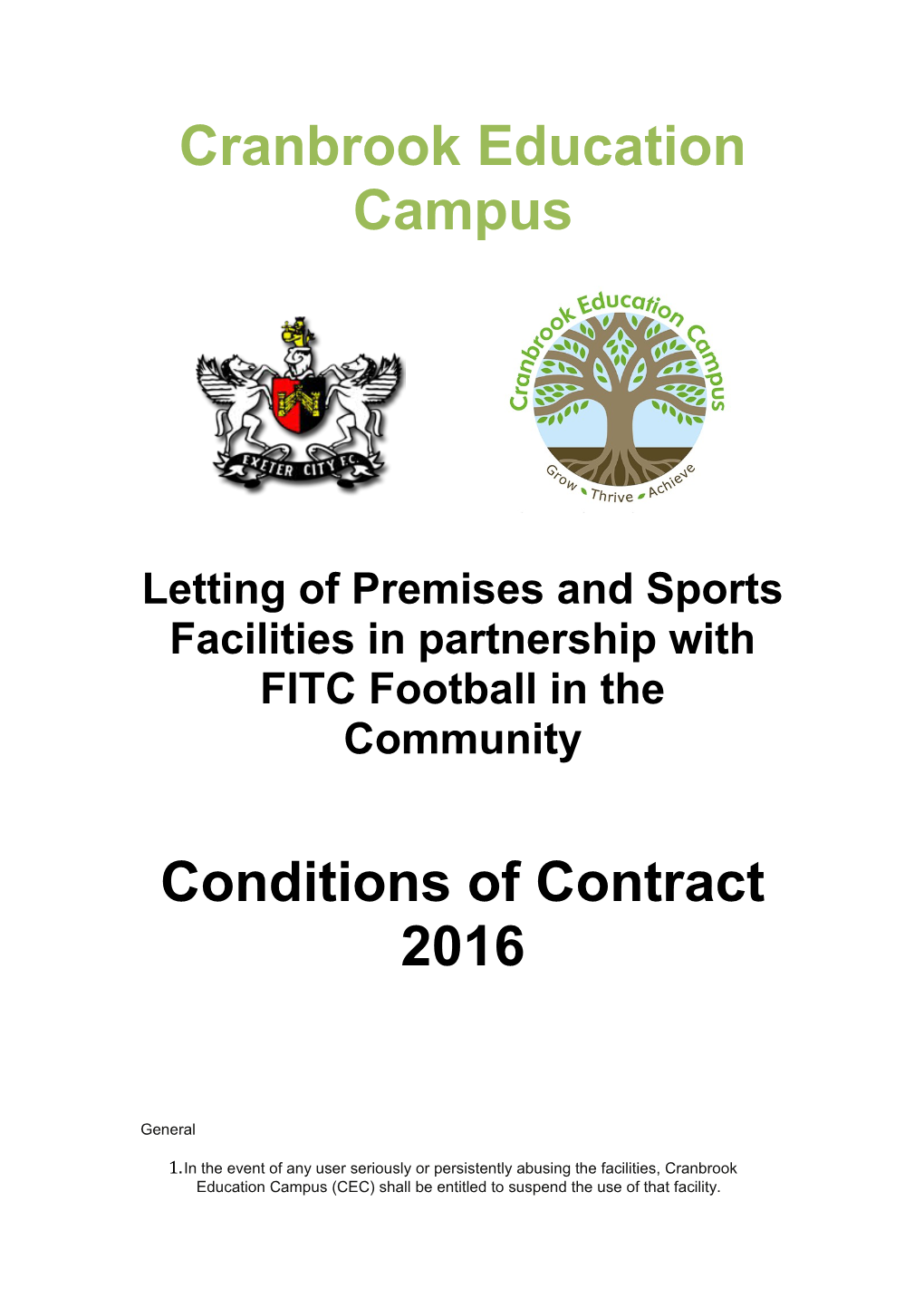 Letting of Premises and Sports Facilities in Partnership with FITC Football in the Community