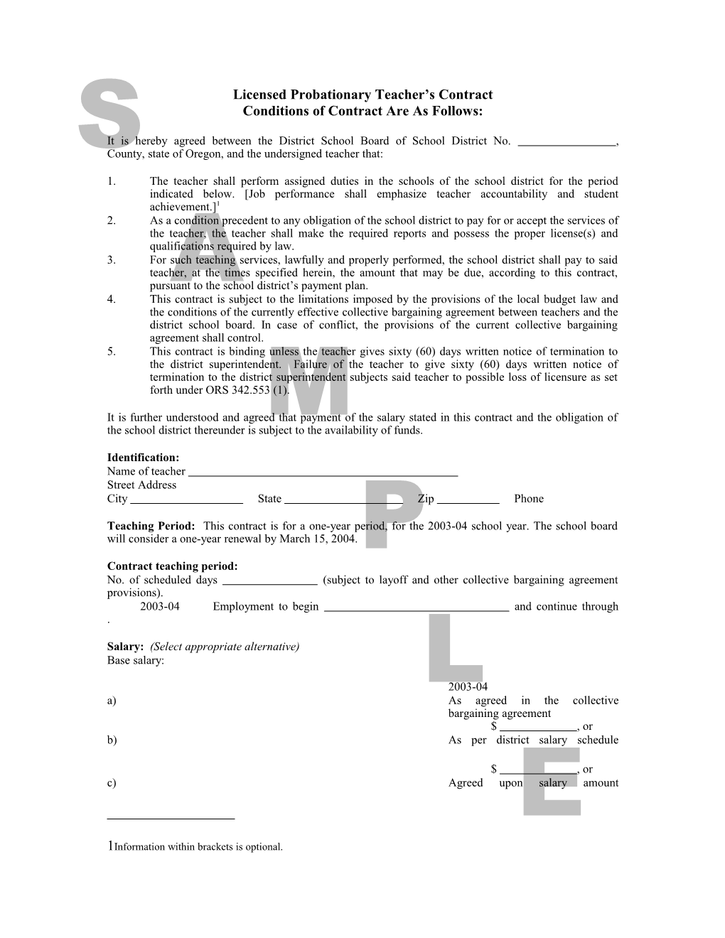 Licensed Probationary Teacher S Contract