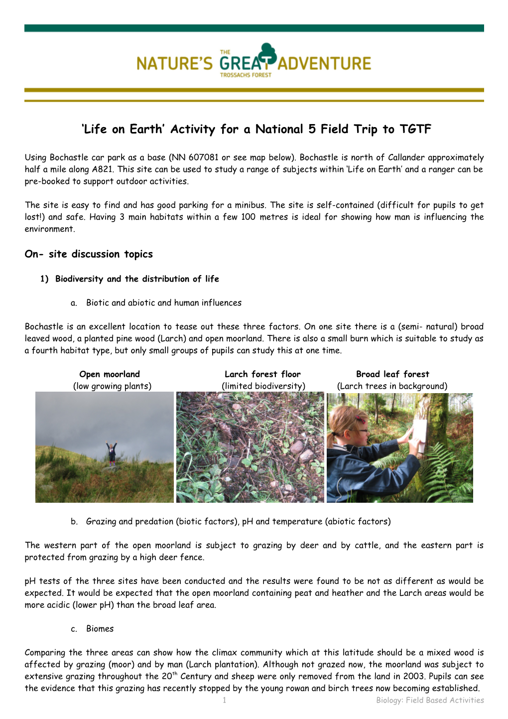 Life on Earth Activity for a National 5 Field Trip to TGTF