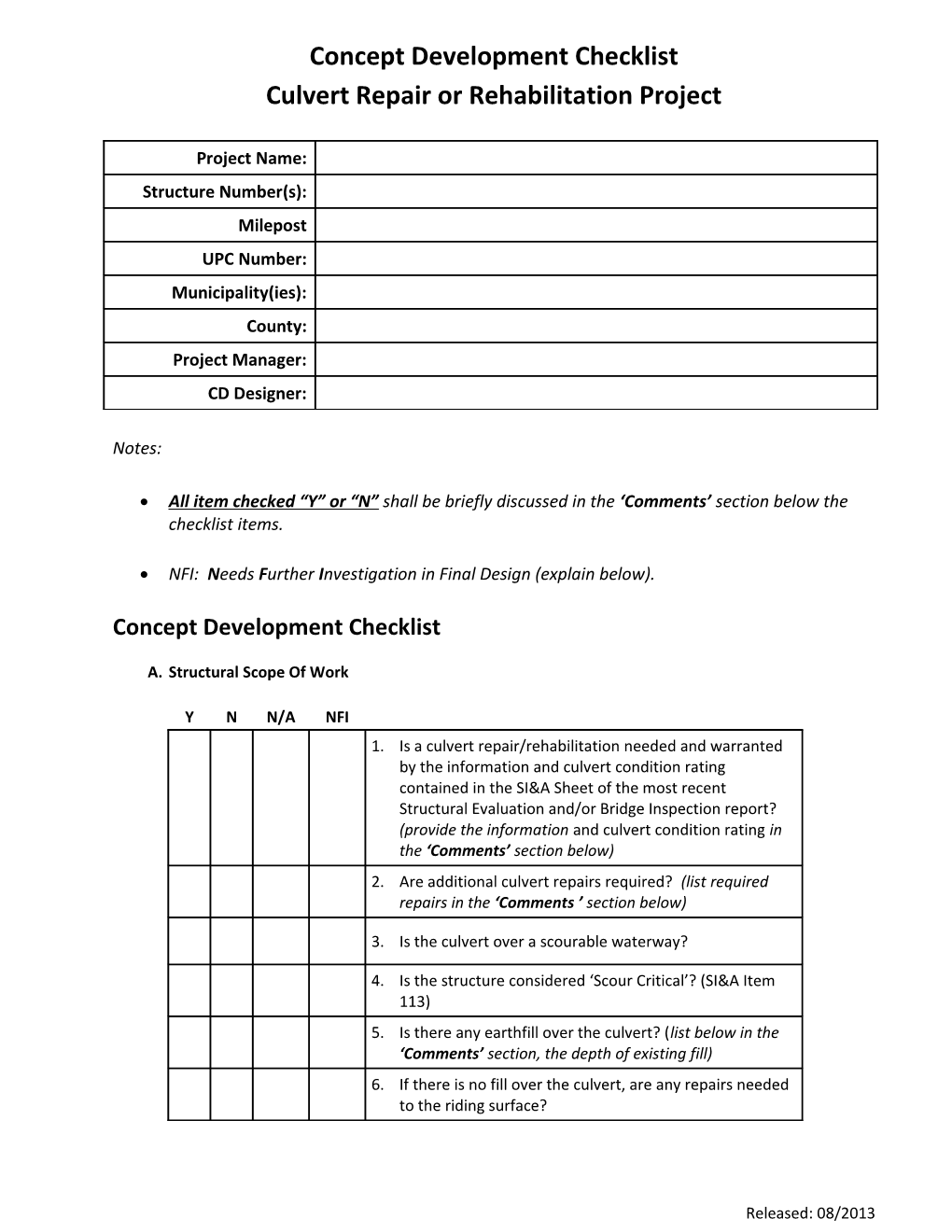 Limited Scope Concept Development Culvert Checklist
