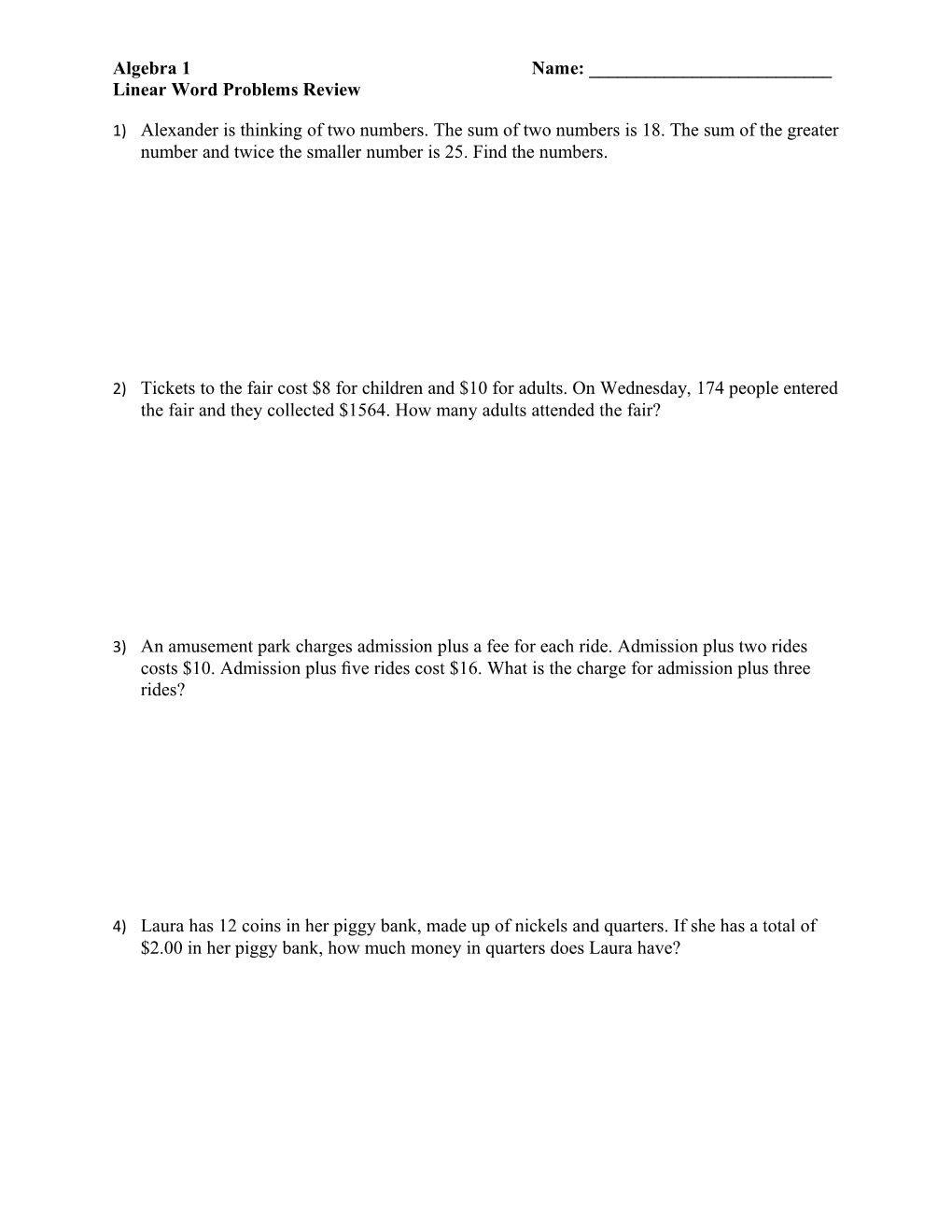 Linear Word Problems Review