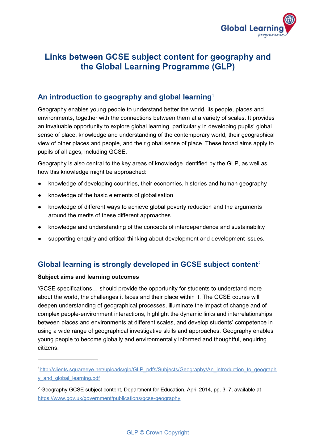 Links Between GCSE Subject Content for Geography and the Global Learning Programme (GLP)