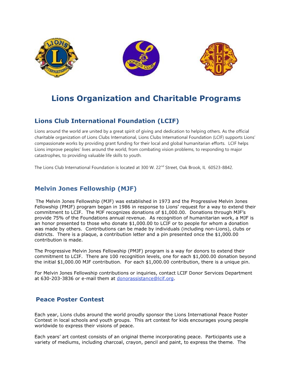 Lions Organization and Charitable Programs