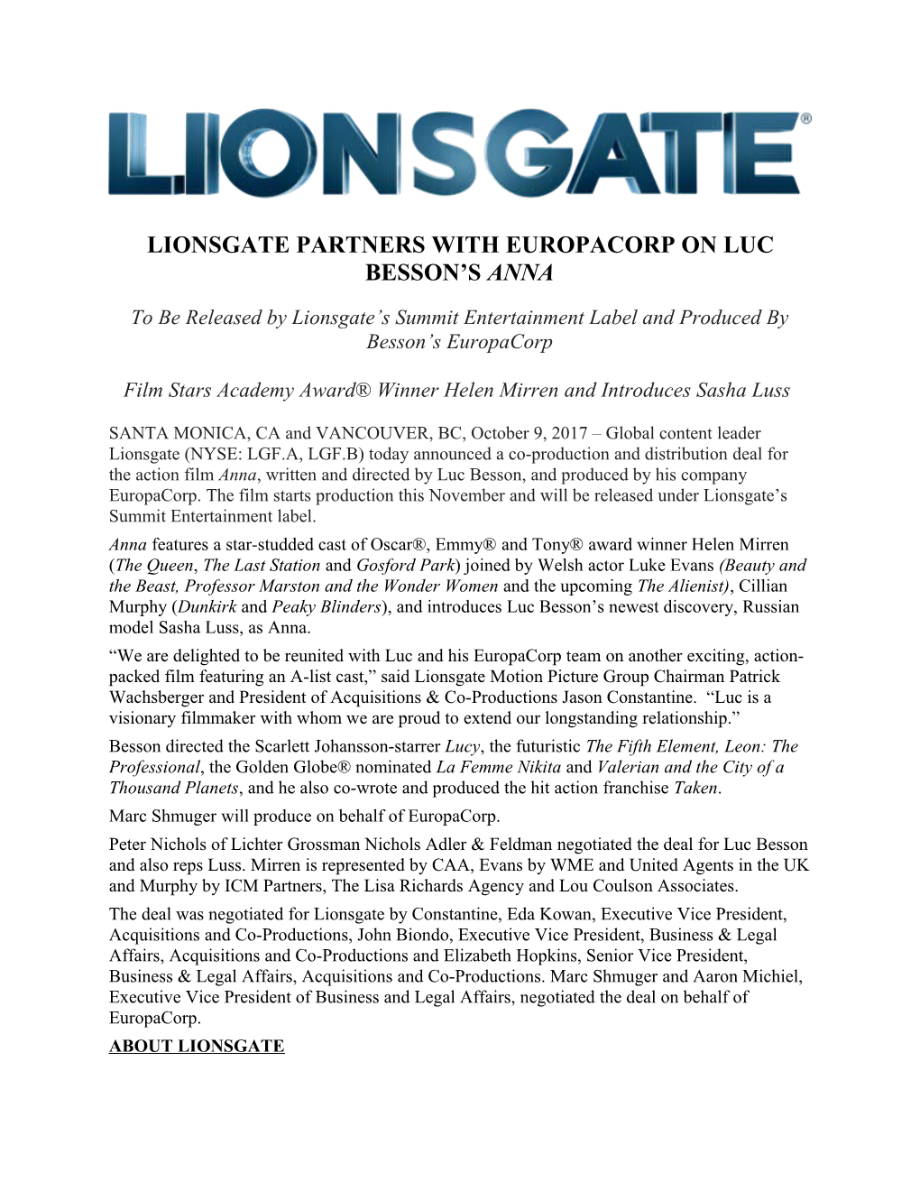 Lionsgate Partners with Europacorp on Luc Besson S Anna
