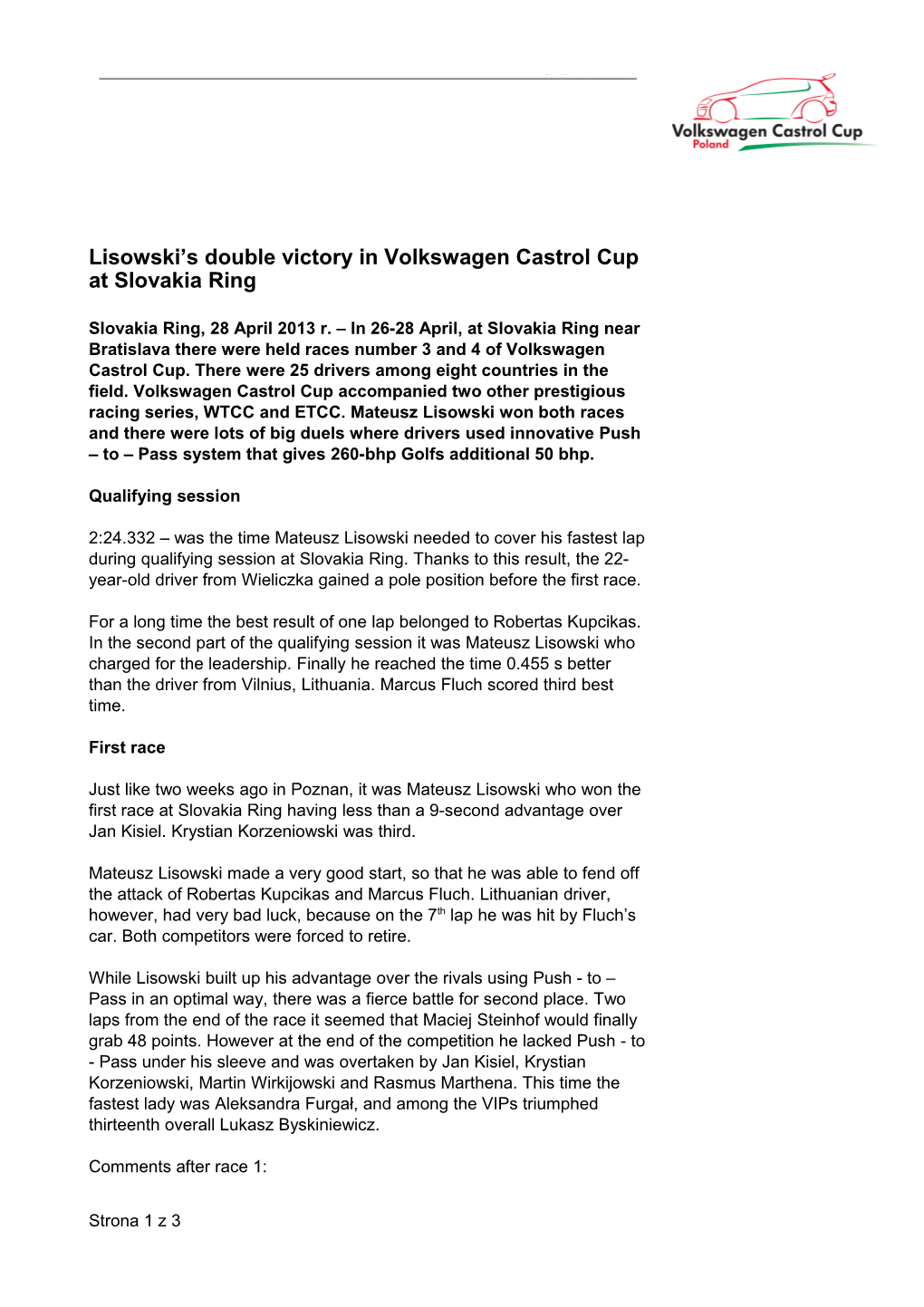 Lisowski S Double Victory in Volkswagen Castrol Cup at Slovakia Ring