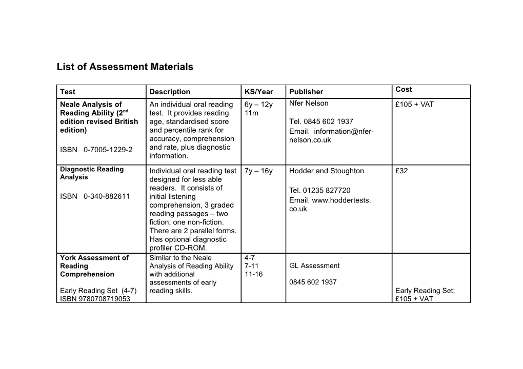 List of Assessment Materials