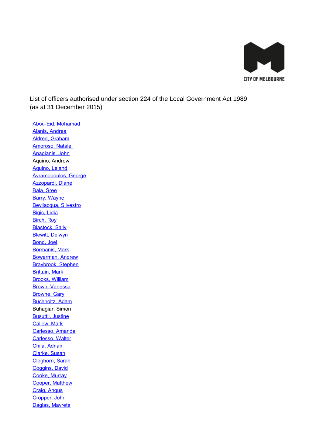 List of Officers Authorised Under Section 224 of the Local Government Act 1989
