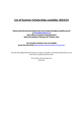 List of Summer Scholarships Available: 2014/15