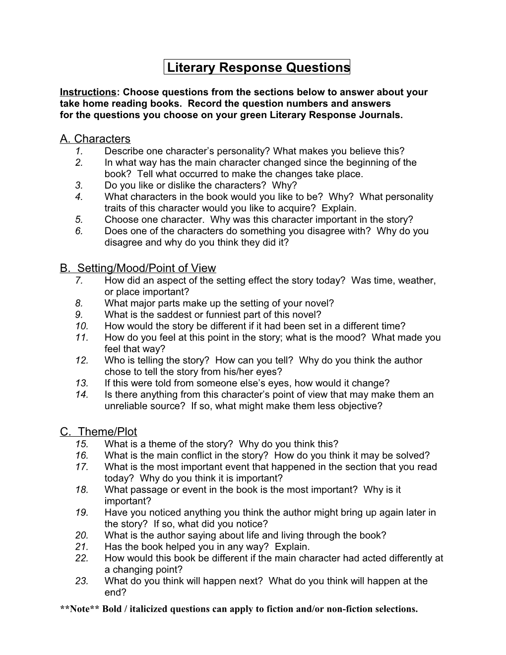 Literary Response Questions