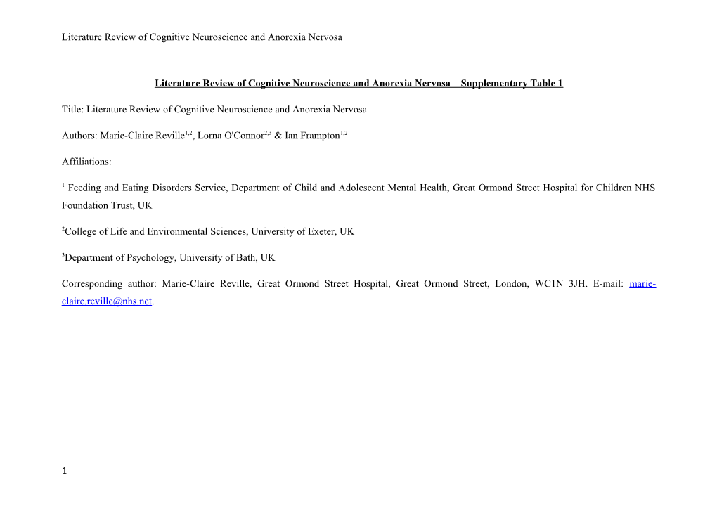 Literature Review of Cognitive Neuroscience and Anorexia Nervosa Supplementary Table 1