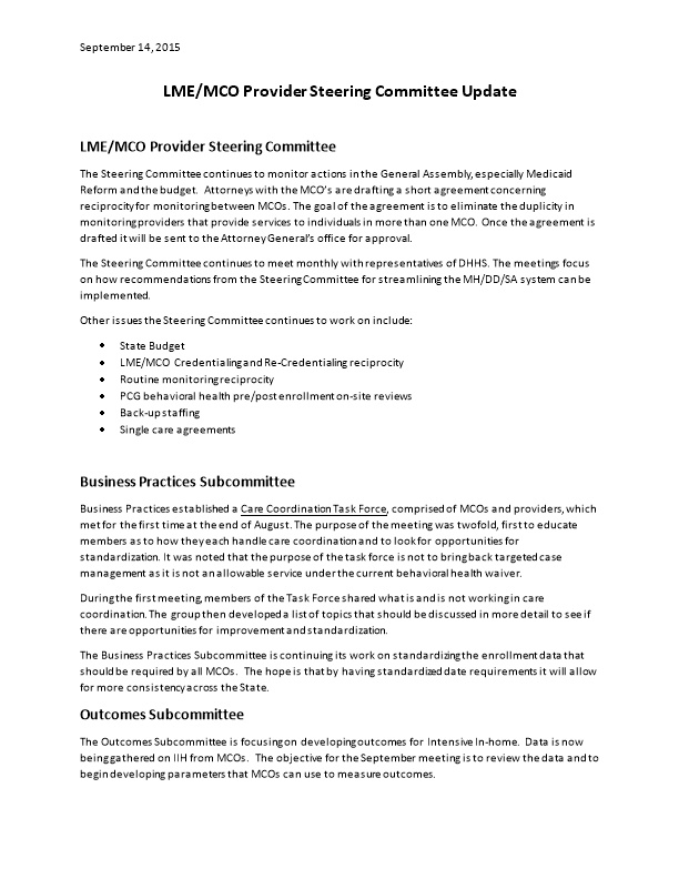 LME/MCO Provider Steering Committee Update