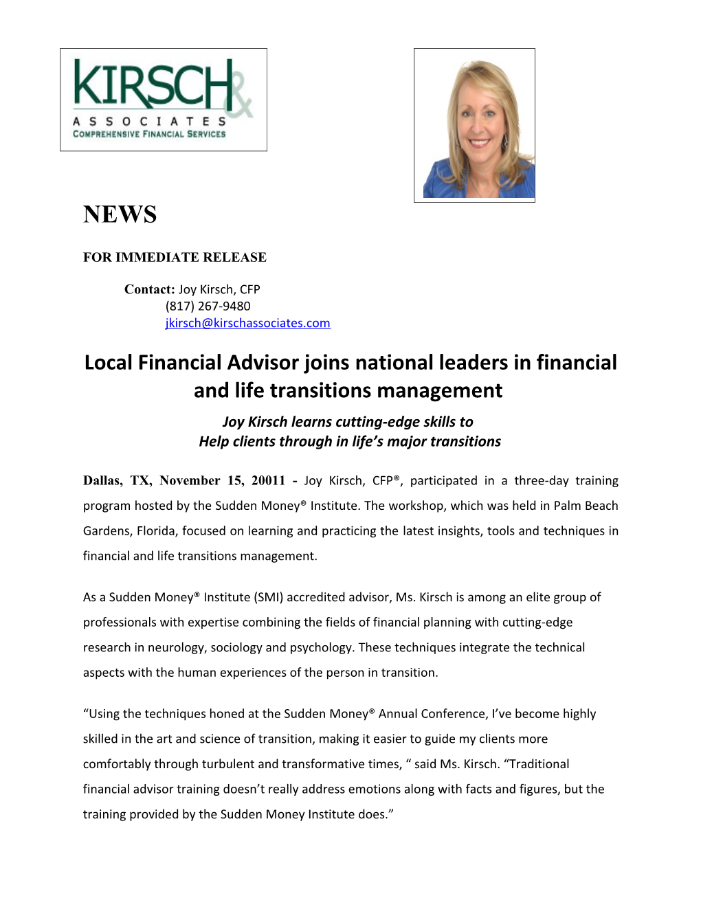 Local Financial Advisor Joinsnational Leaders in Financial and Life Transitions Management