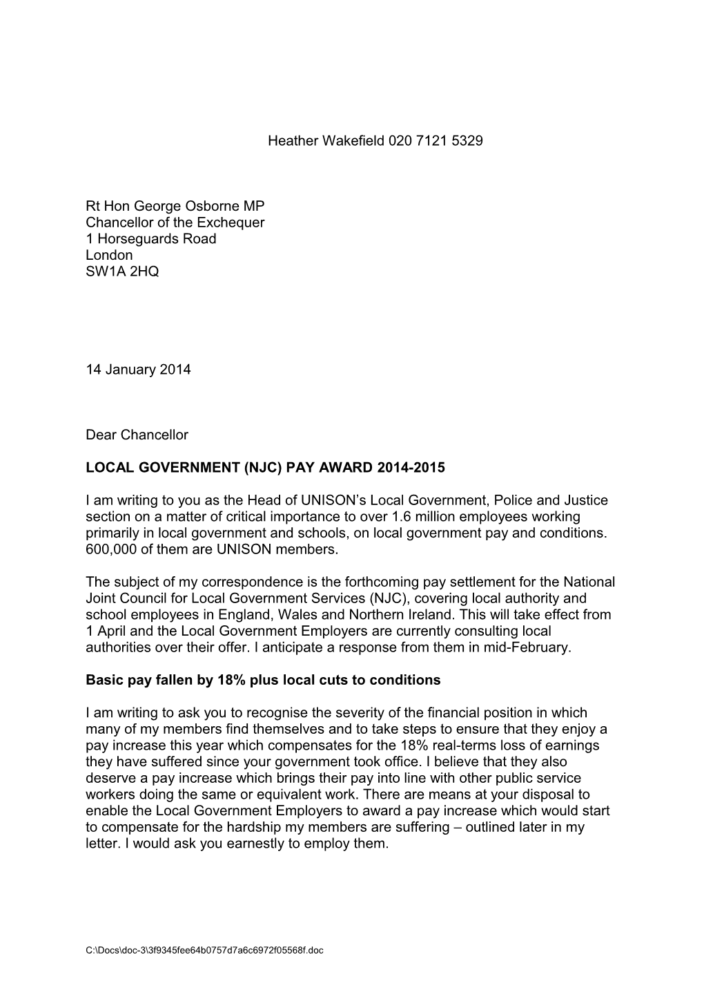 Local Government (NJC) Pay Award 2014-2015 - Letter to George Osborne