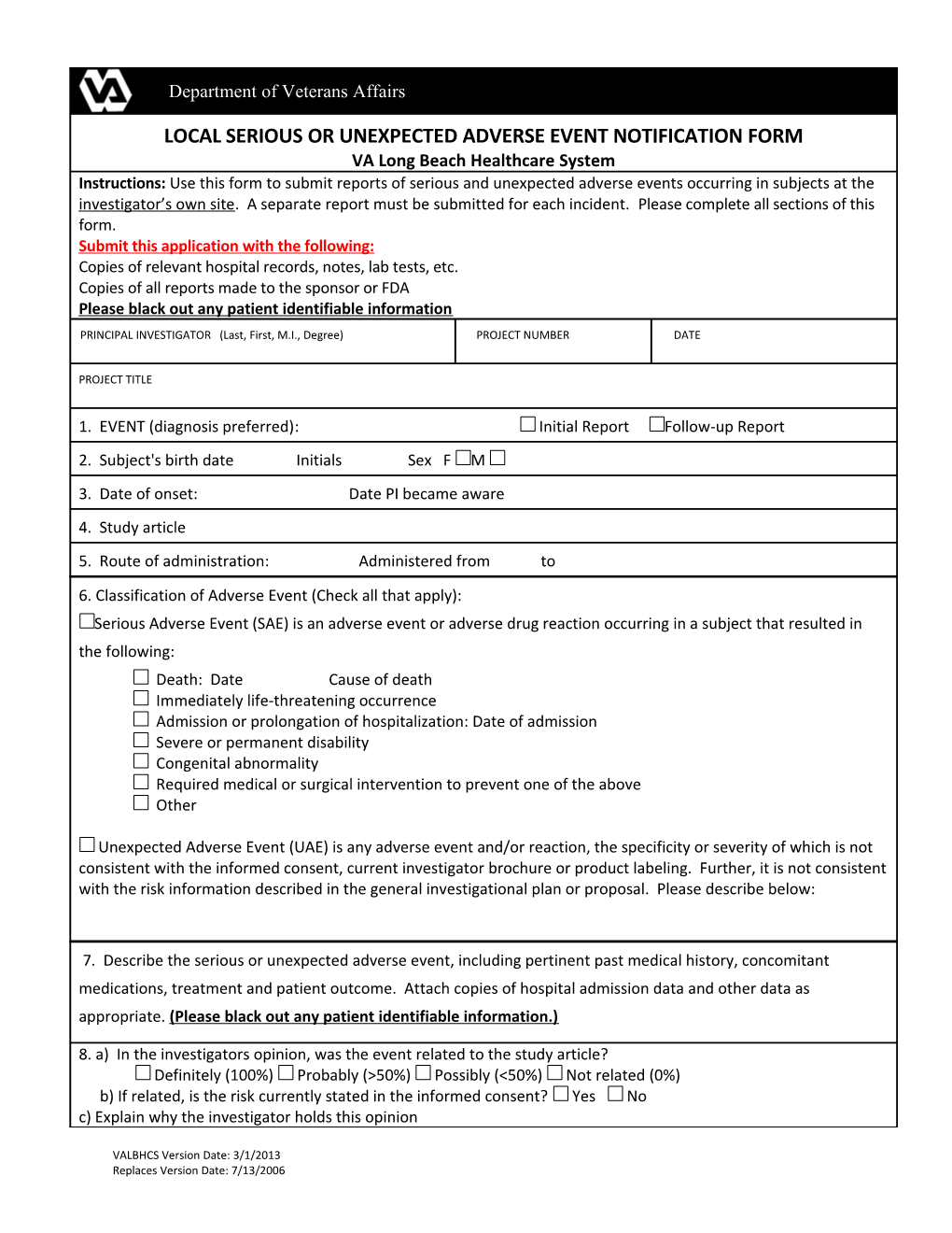 Local Serious Or Unexpected Adverse Event Notification Form