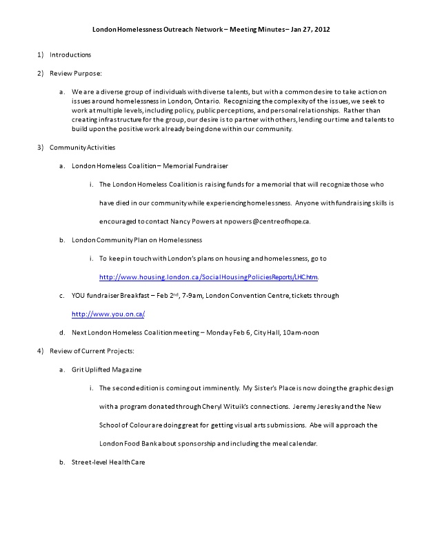 London Homelessness Outreach Network Meeting Minutes Jan 27, 2012