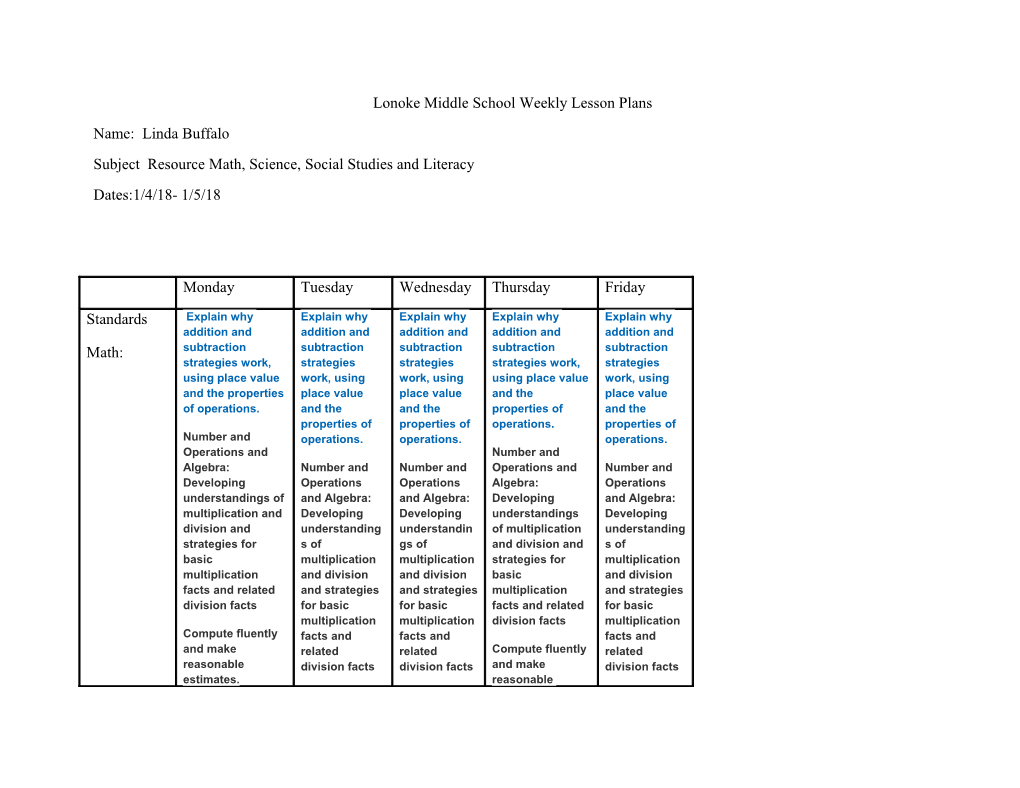 Lonoke Middle School Weekly Lesson Plans