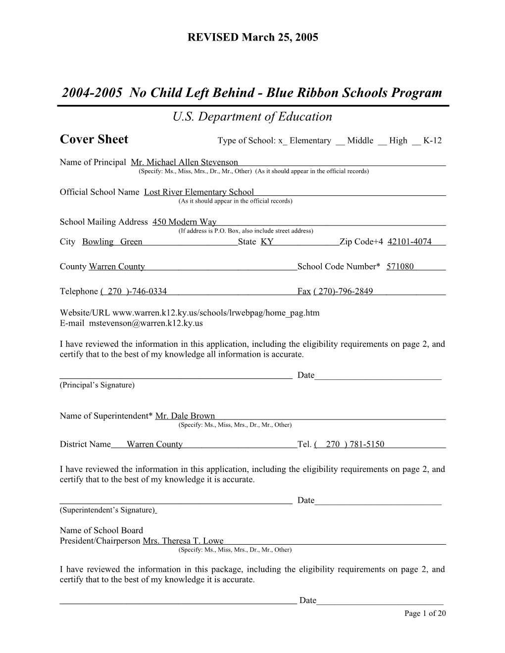 Lost River Elementary School Application: 2004-2005, No Child Left Behind - Blue Ribbon