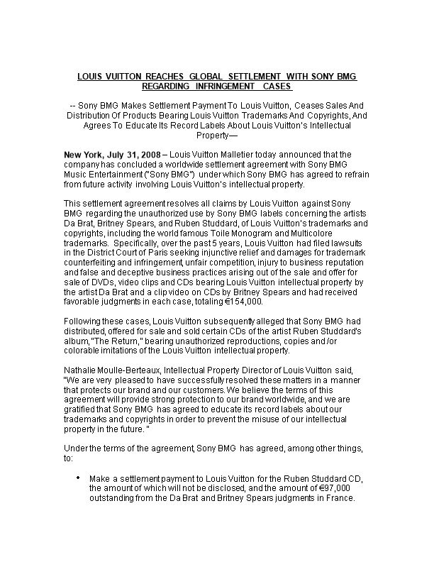 Louis Vuitton Reachesglobal Settlement with Sony Bmg Regarding Infringement Cases