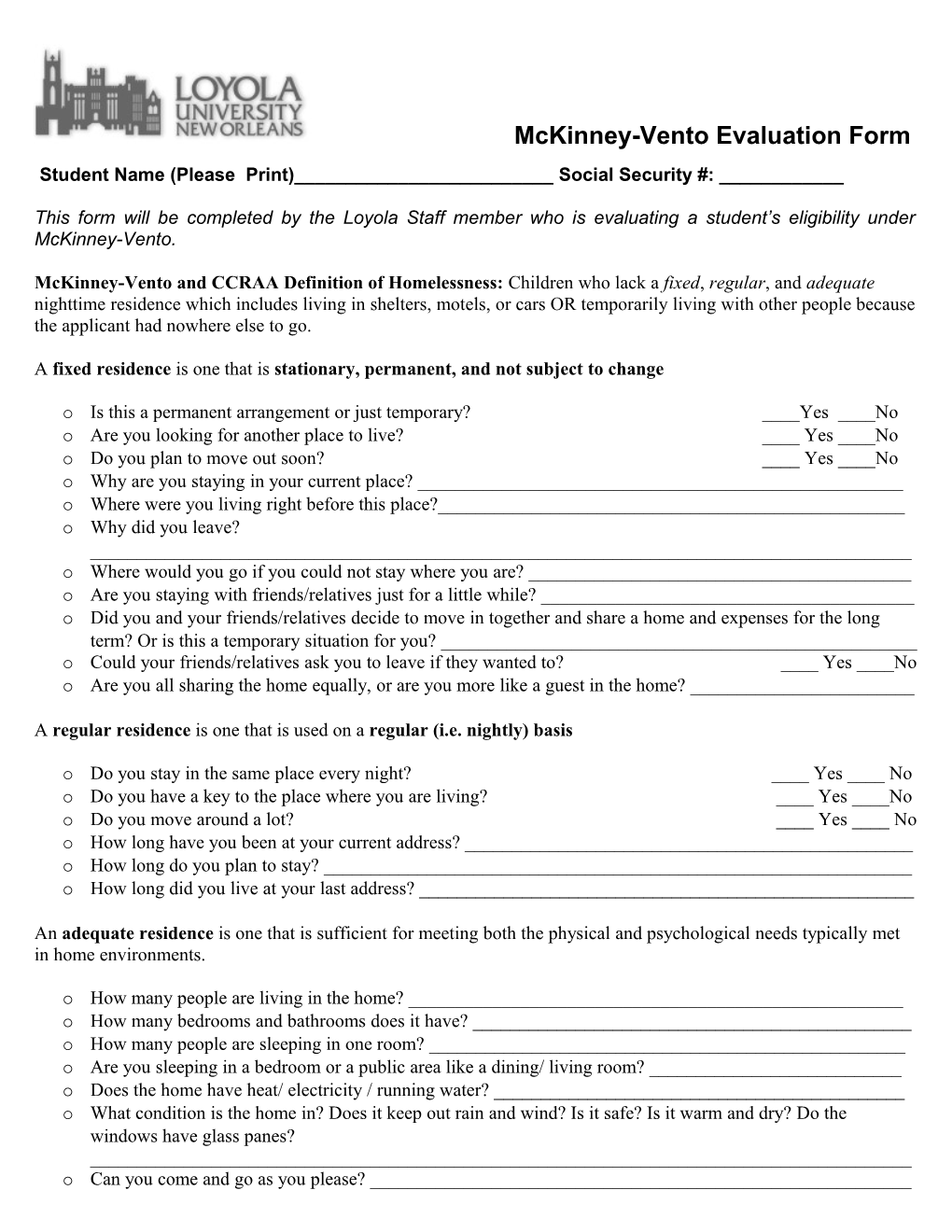 Louisiana Student Residency Questionnaire Form