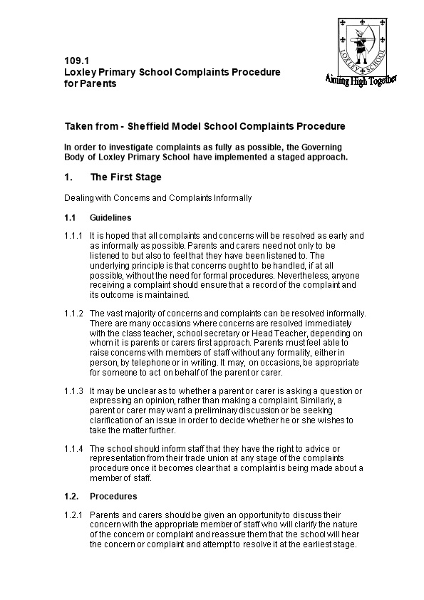 Loxley Primary School Complaints Procedure