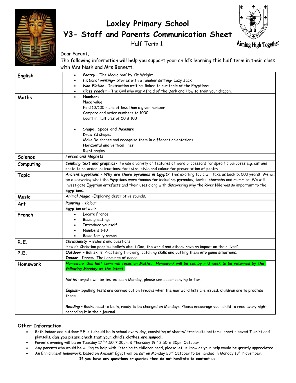 Loxley School Staff / Parents Communication Sheet