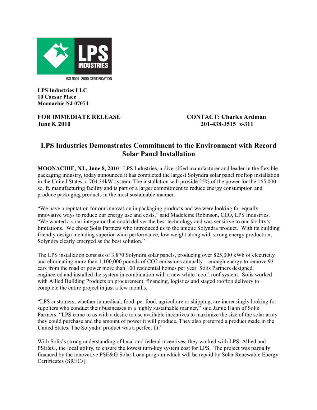 LPS Industries Demonstrates Commitment to the Environment with Record