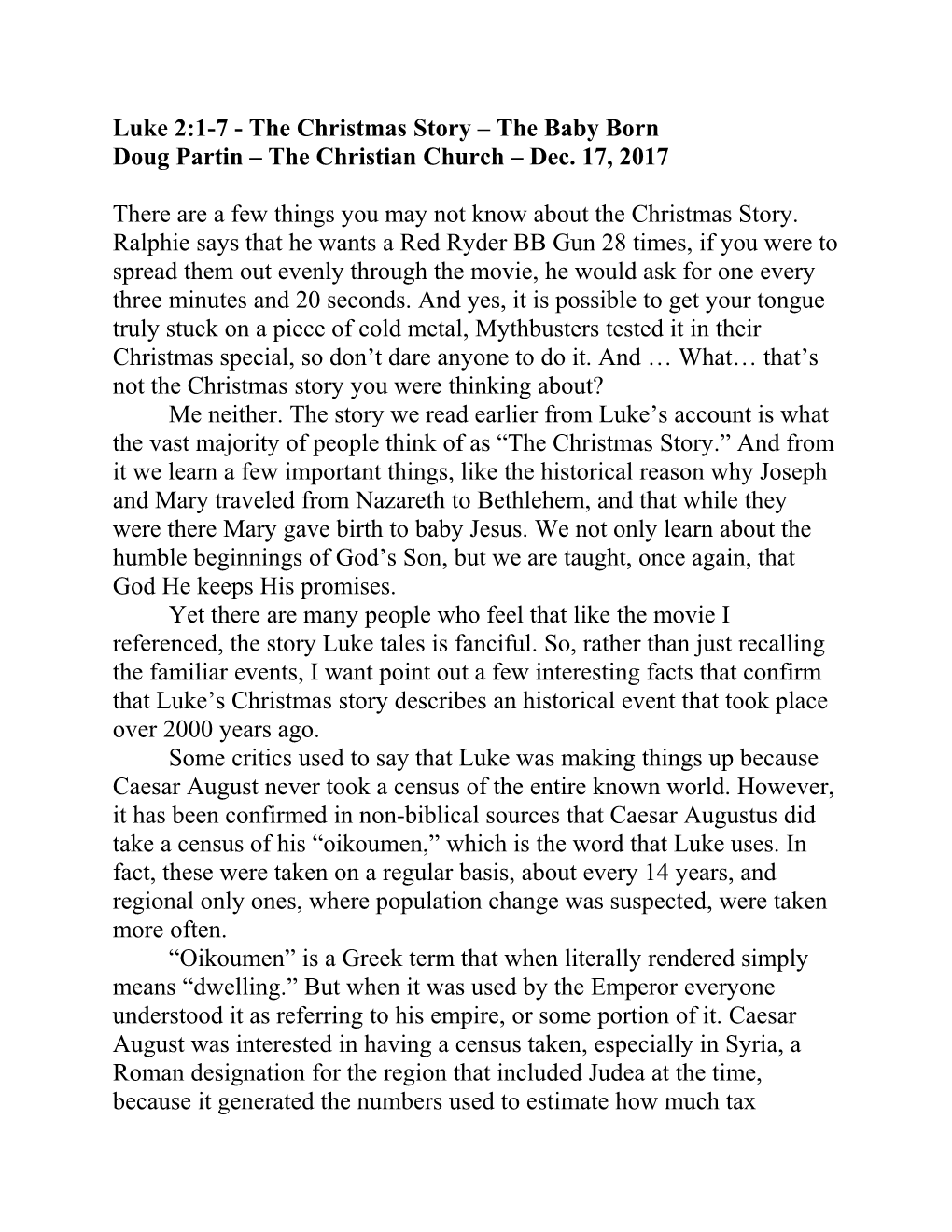 Luke 2:1-7 - the Christmas Story the Baby Born
