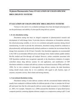 M Pharm Pharmaceutics Notes: EVALUATION of COLON-SPECIFIC DRUG DELIVEY SYSTEMS