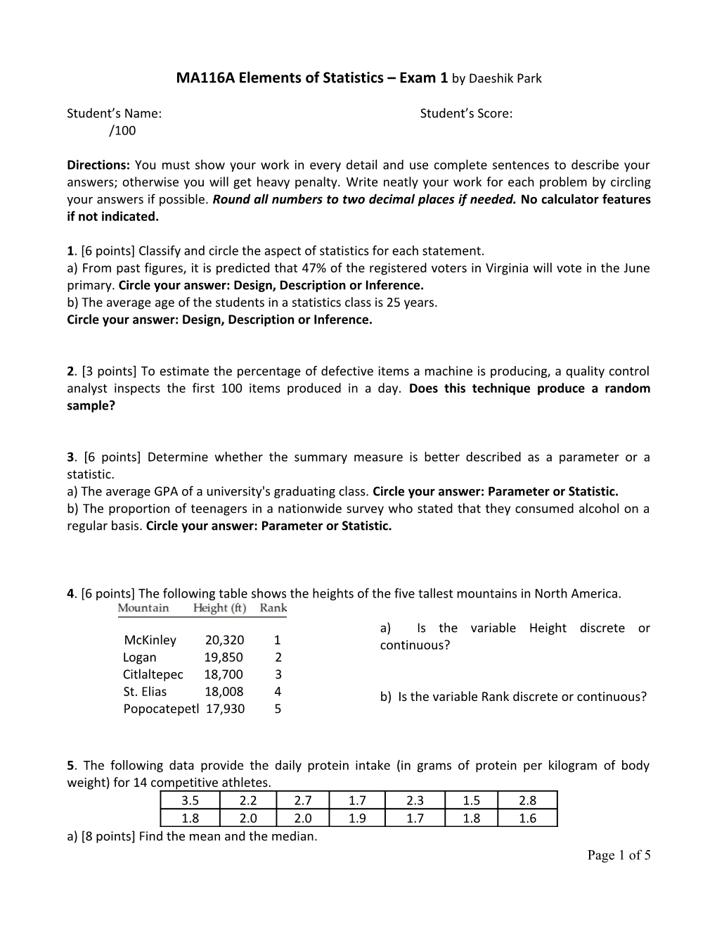 MA116A Elements of Statistics Exam 1 by Daeshik Park