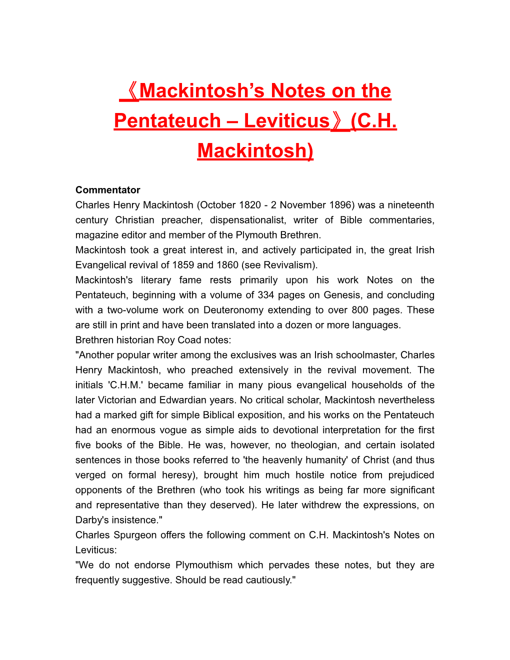 Mackintosh Snoteson the Pentateuch Leviticus (C.H. Mackintosh)