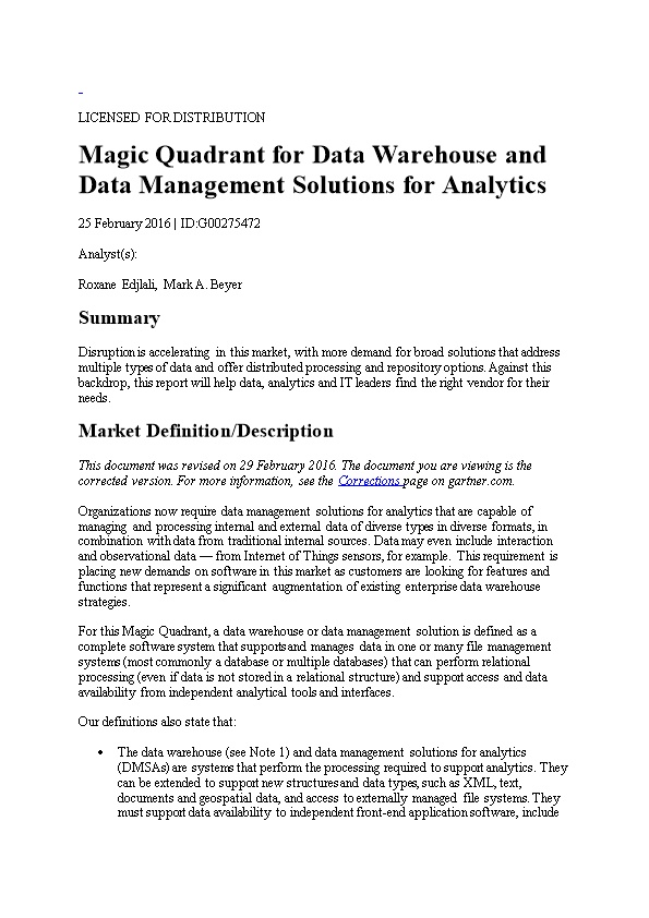 Magic Quadrant for Data Warehouse and Data Management Solutions for Analytics