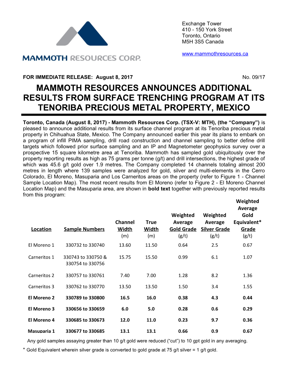 Mammoth Resources Announces Additional Results from Surface Trenching Program at Its Tenoriba