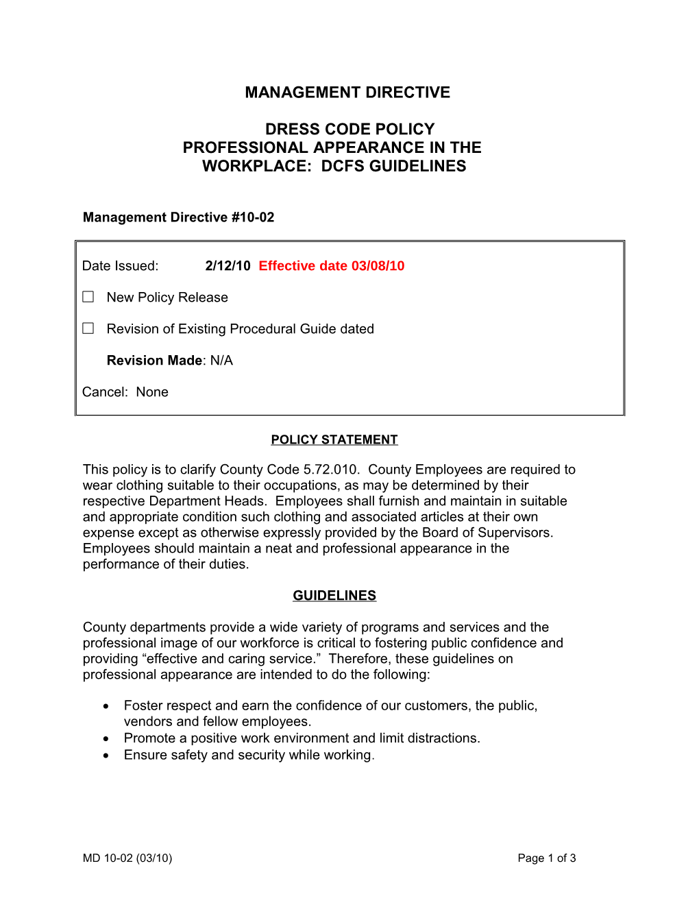 Management Directive 10-02, Dress Code Policy Professional Appearance in the Work Place