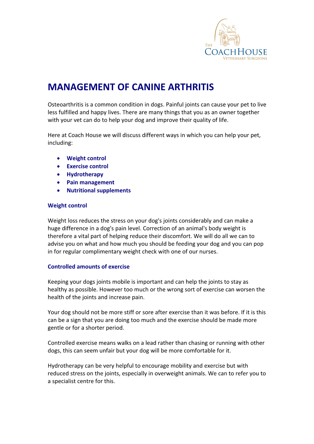 Management of Canine Arthritis