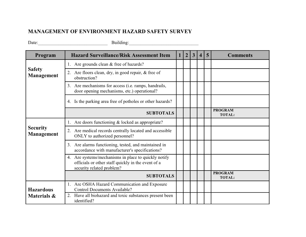 Management of Environment Hazard Safety Survey