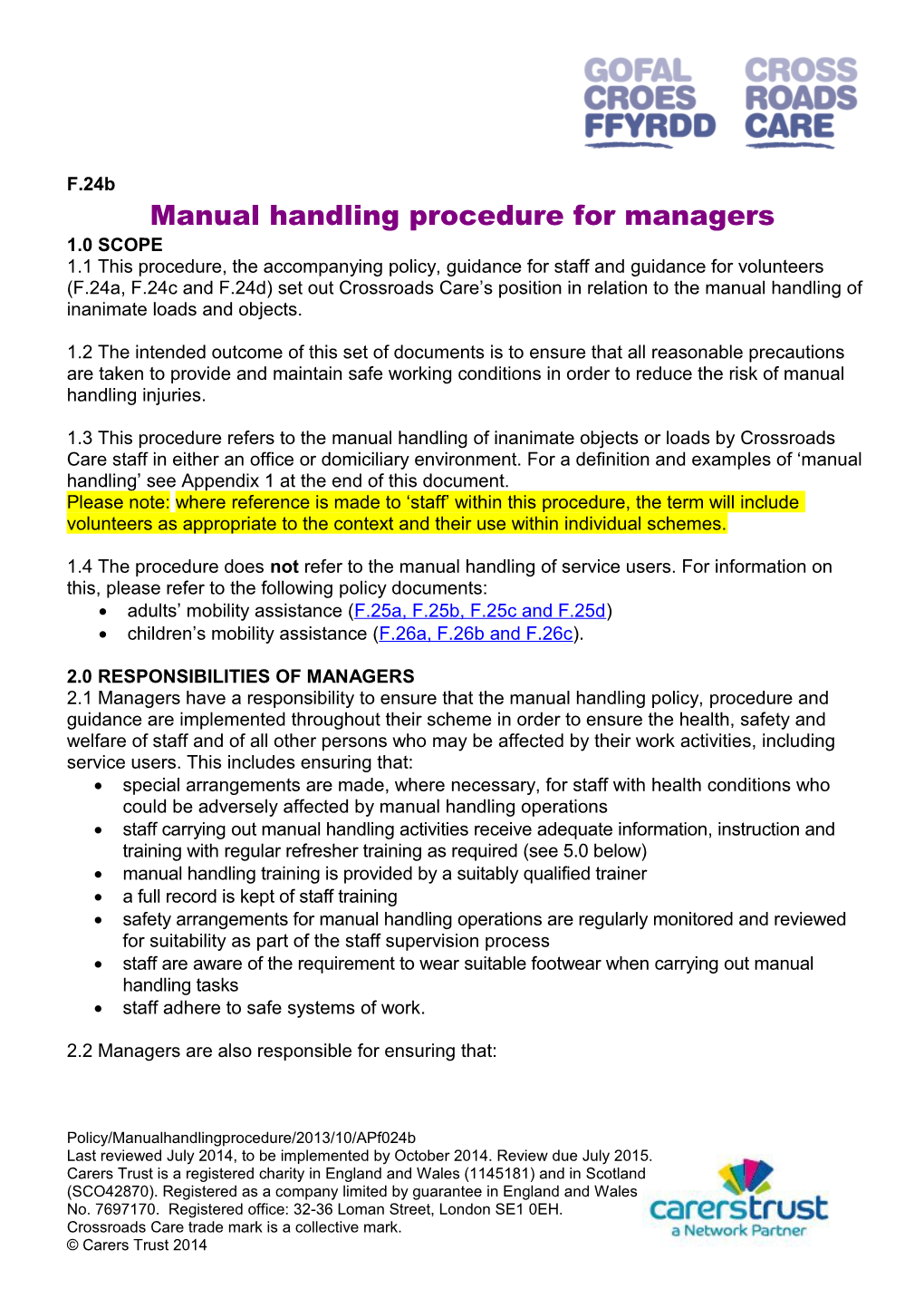 Manual Handling Procedure for Managers