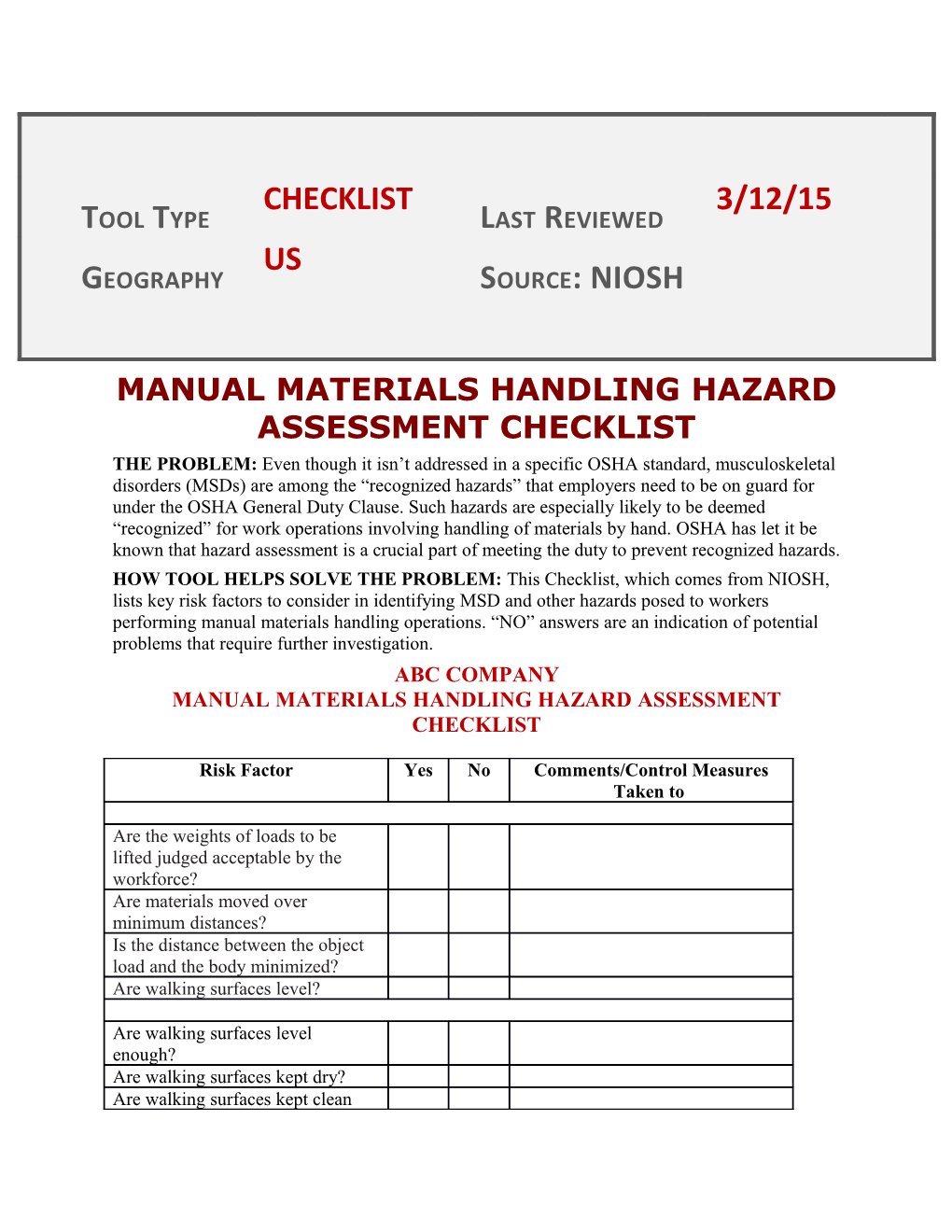 Manual Materials Handling Hazard Assessmentchecklist