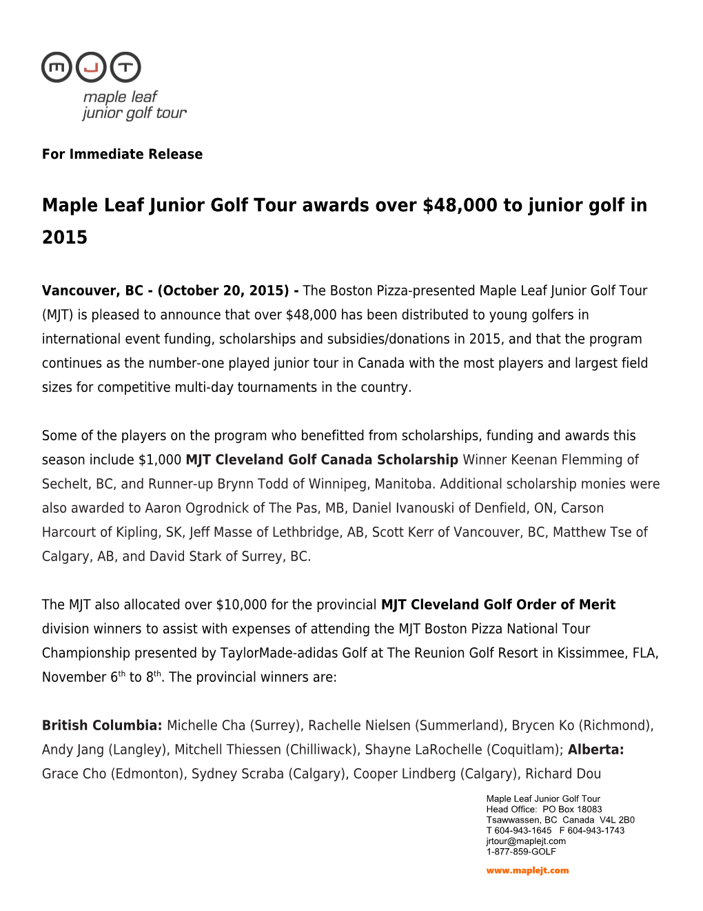 Maple Leaf Junior Golf Tour Awards Over $48,000 to Junior Golfin 2015